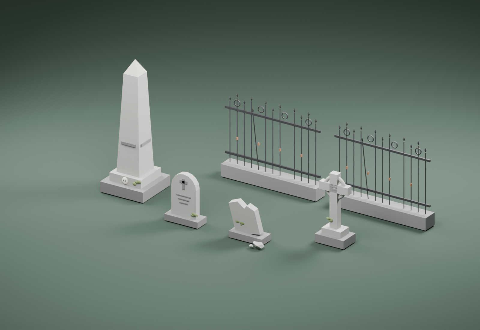 Preview of graveyard models with headstones, a stone cross, an obelisk, and iron fencing